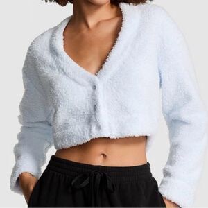 Victoria’s Secret PINK Baby Blue Fuzzy Cropped Plush Button Front Cardigan XXL